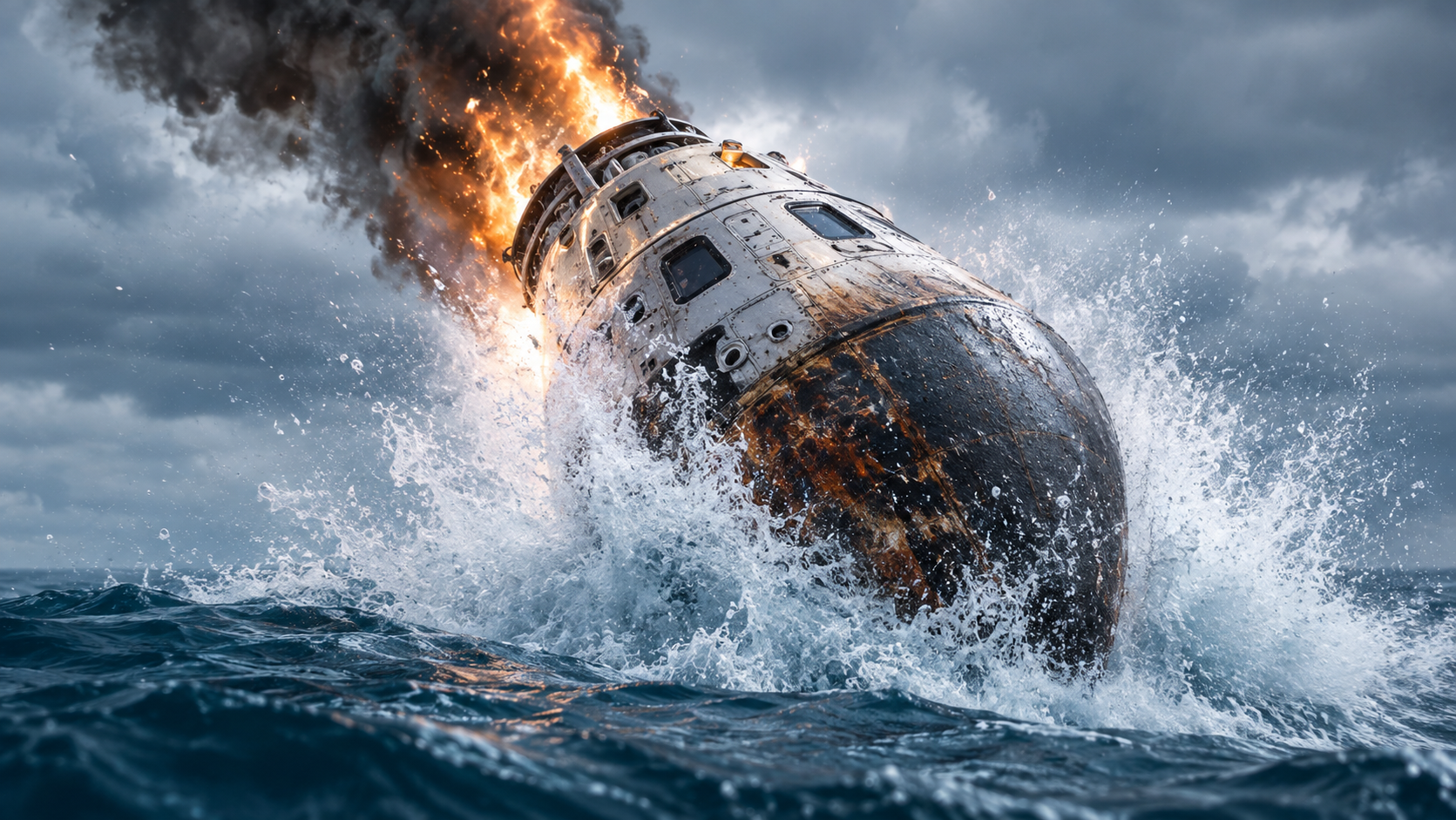 Space capsule crashing into ocean